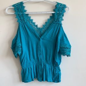 Turquoise lace cold shoulder top size Small